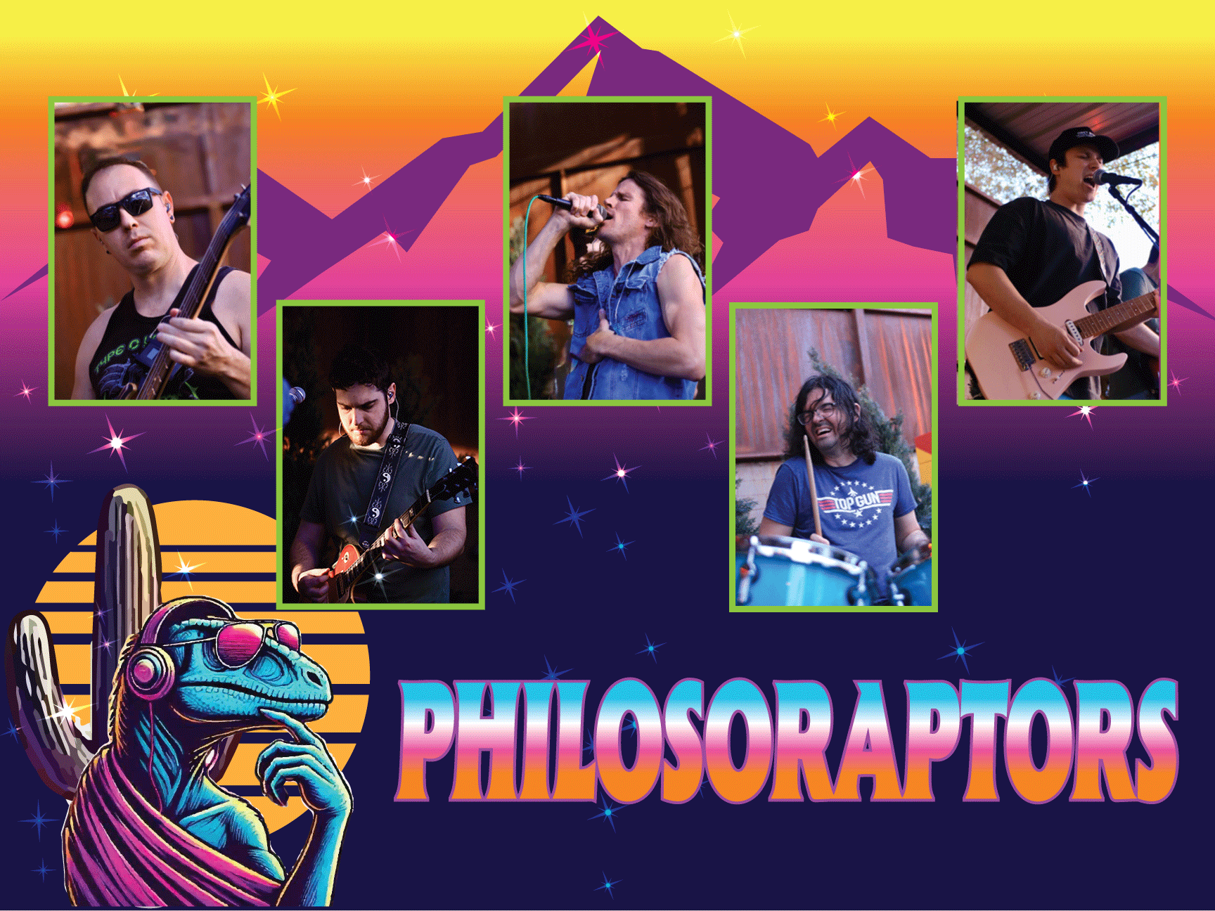 PhilosoRaptors band poster — the five members over a synthwave desert sunset